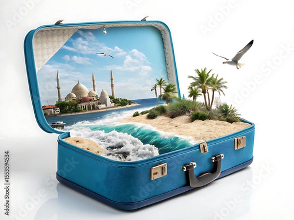 Fototapeta A suitcase containing a tropical beach with palm trees and a mosque on an island with a seagull flying