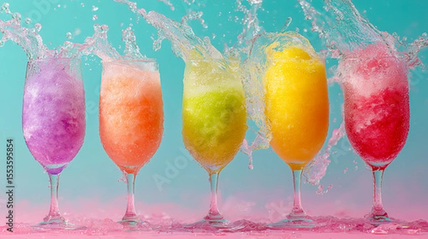 Fototapeta Colorful frozen drinks splashing in elegant glasses against a pastel background.