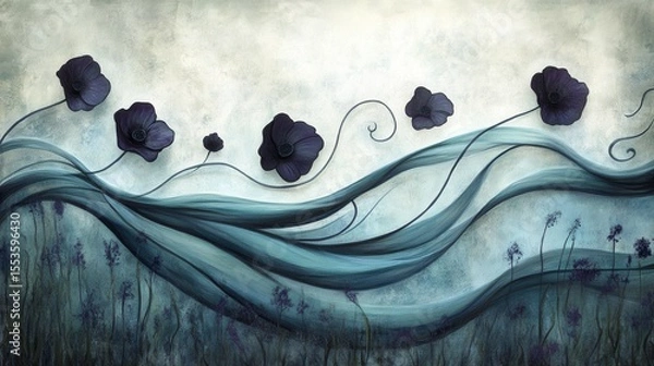 Obraz Dark teal flowing fabric background with dark purple flowers.