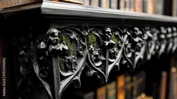 Obraz Ornate gothic black shelf detail with moss.