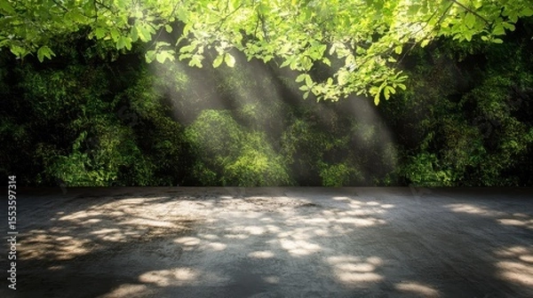 Obraz Sunlight streams through lush greenery onto a paved area.