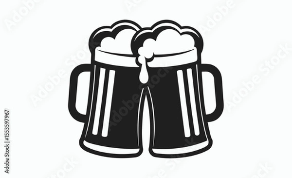 Fototapeta Two beer mug silhouette, cheers vector icon isolated on white background, beverage celebration silhouette, black white illustration







