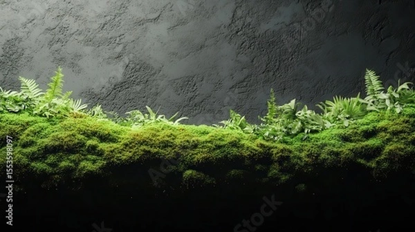 Obraz Lush green moss and ferns on a dark textured wall.