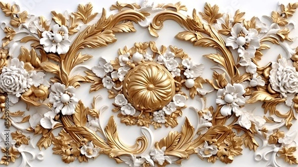 Fototapeta Elegant gold and white floral ornament 3d design with high resolution photo for decorative background