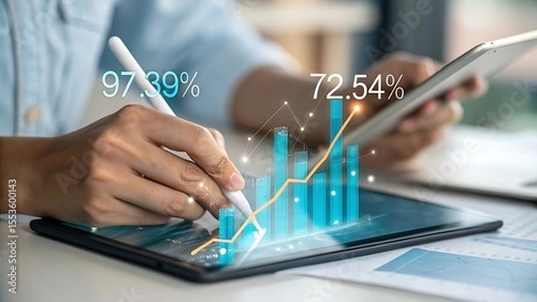 Fototapeta Person analyzing financial data and charts on a tablet with a stylus