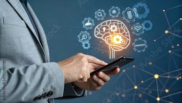Obraz Businessman using smartphone with glowing brain and technology icons interface
