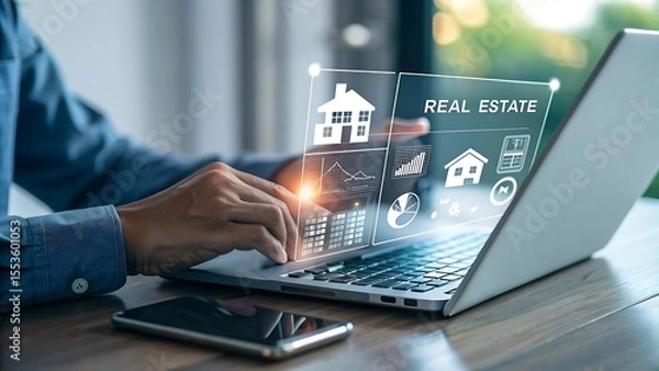 Obraz Real estate professional analyzing market trends on a laptop