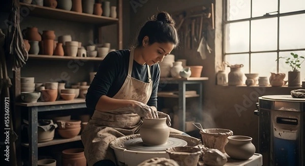 Fototapeta Skilled young female potter in an apron intently shaping a clay pot on a potter's wheel in a rustic, sunlit artisanal workshop surrounded by handmade ceramics.