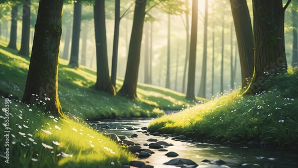Obraz Generated illustration of beautiful lush green scenic forest landscape in the morning.