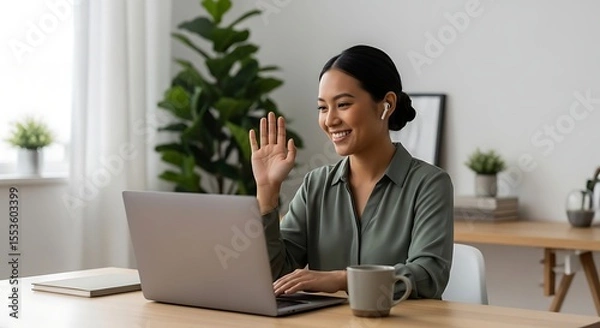 Fototapeta Friendly Asian businesswoman waving hello on a video conference call, smiling while working remotely on a laptop in a modern, bright home office. Concept of virtual meetings and telecommuting.