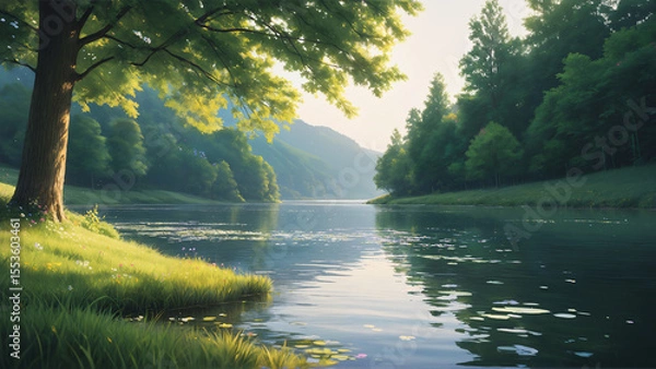 Obraz Generated illustration of beautiful lush green scenic forest landscape in the morning.