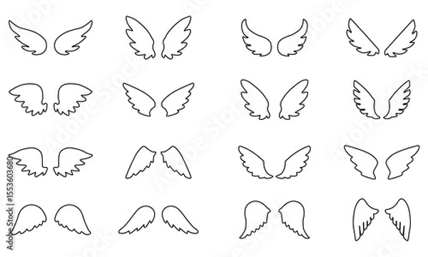 Obraz Set of Hand-Drawn Angel Wings Vector Icons – Black Outline Wings on White Background