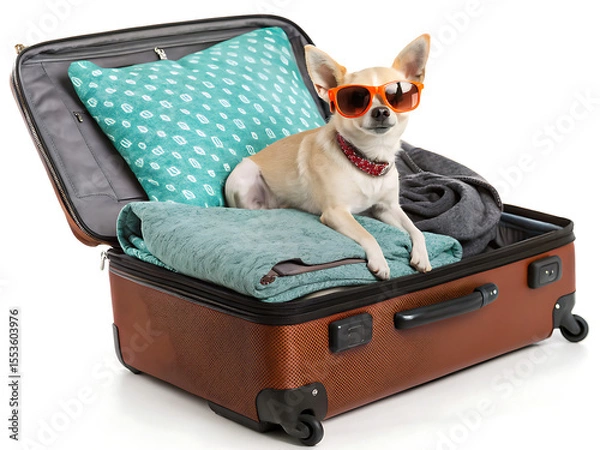 Fototapeta Chihuahua with sunglasses sitting in a suitcase with pillow and blanket ready for travel time