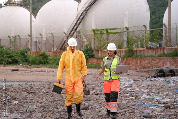 Fototapeta Two environmental researchers walk back from shoreline testing. They carry safety gear, a toolbox, a respirator mask, and a laptop after collecting water samples from a contaminated coast.