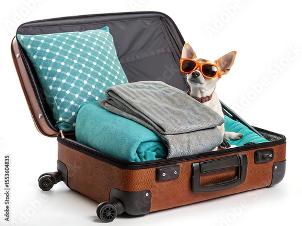Fototapeta Chihuahua dog with sunglasses in open brown suitcase with pillow and blanket ready for vacation trip