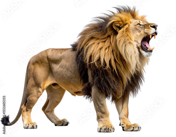 Fototapeta Majestic African Lion Roaring with Mouth Open in Side View, Isolated on Transparent Background