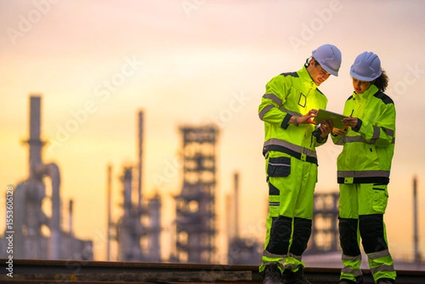 Fototapeta Two engineers in high-visibility safety gear and helmets conduct a field inspection at an industrial plant during sunrise, holding a tablet and measuring tools with soft pastel light background.