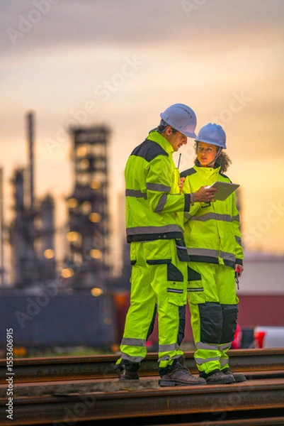 Fototapeta Two industrial workers in high-visibility safety uniforms discuss work plans on-site during golden hour, with a refinery or factory plant blurred in the background.