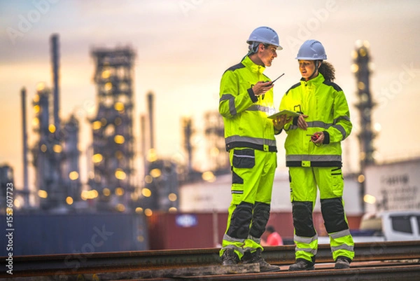 Fototapeta Two engineers in high-visibility suits and helmets review data on a tablet while standing in front of a refinery at sunrise, indicating teamwork and safety in a heavy industry zone.