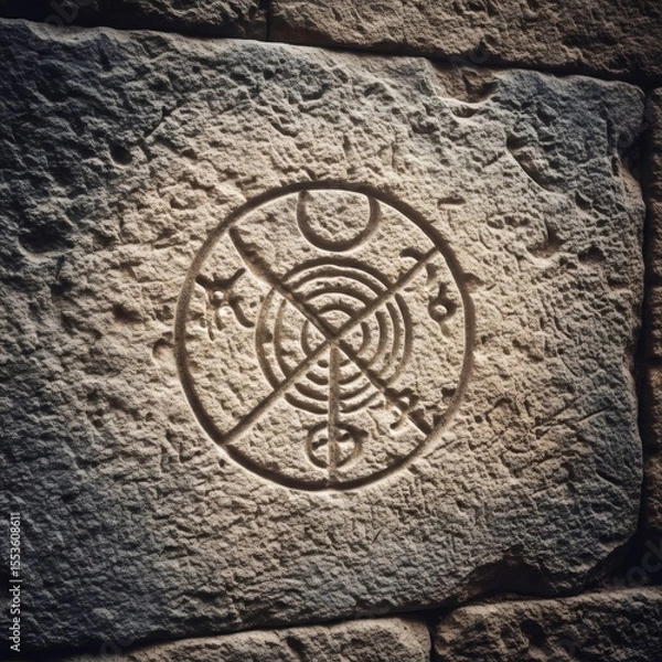 Fototapeta Ancient circular symbol carved on a textured stone wall. Mysterious old rune or artifact engraving on a rock surface. Esoteric background for historical or fantasy concepts.