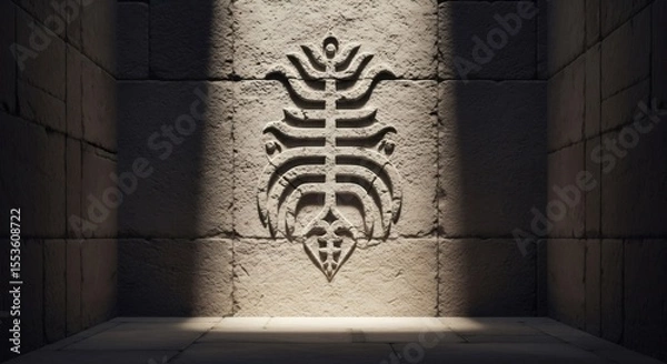Fototapeta Ancient stone wall with an ornate relief carving illuminated by light. Historical temple architecture and mystical concept.