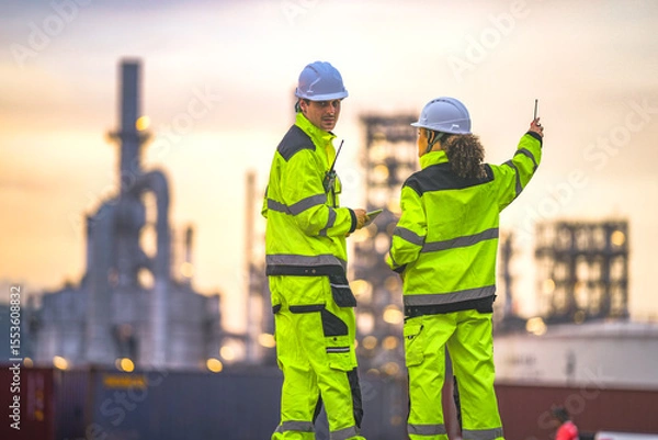Fototapeta Two engineers in high-visibility suits and helmets review data on a tablet while standing in front of a refinery at sunrise, indicating teamwork and safety in a heavy industry zone.