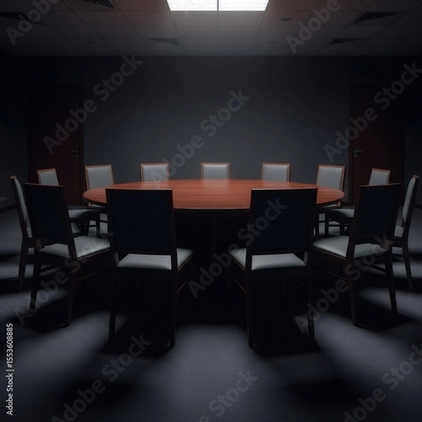 Fototapeta Empty round meeting room table with chairs. Boardroom design for business negotiation, discussion, and corporate strategy. Modern office interior for leadership.