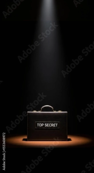 Fototapeta Top secret briefcase in spotlight on wooden table. Important confidential file or document concept. Dark background for high security business.