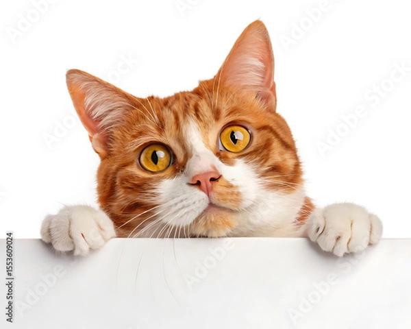 Fototapeta A ginger and white cat peering over a white surface with bright yellow eyes on a white background