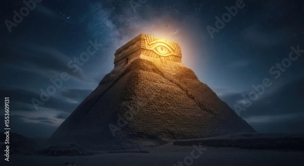 Fototapeta Ancient pyramid with glowing eye symbol on top. Mysterious temple under starry night sky. Esoteric wisdom and spirituality concept.