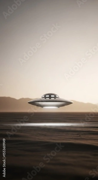 Fototapeta Silvery flying saucer hover above desert land. Unidentified space object a concept of alien on another planet.