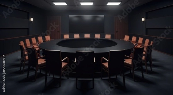 Fototapeta Empty modern dark conference room with a large round table and wooden chairs, a blank screen for presentations. Business meeting area for corporate strategies and discussions.