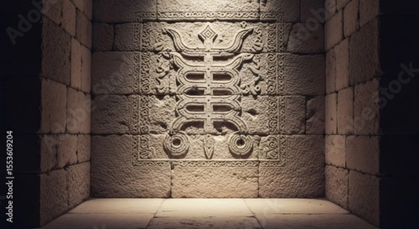 Fototapeta Ancient stone wall with intricate carvings in a dimly lit, enclosed space. Mystic culture and history concept.