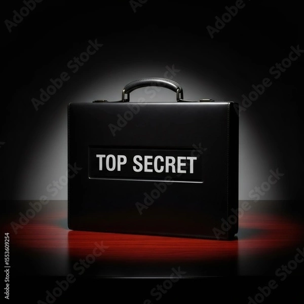 Fototapeta Top secret briefcase in a spotlight on a dark wooden table. Confidential information and mystery concept for business security.
