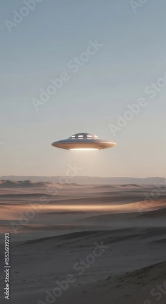 Fototapeta Unidentified flying object hovering over a vast desert landscape. Extraterrestrial presence, science fiction, and mysterious alien encounter concept.