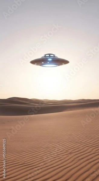 Fototapeta Futuristic flying saucer hovering above desert sand dunes. Unidentified object concept of alien landing or extraterrestrial visit. Mysterious desert landscape.