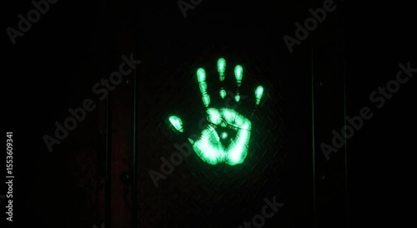 Fototapeta Green glowing handprint on a dark metal background. Futuristic security system concept. Bio-identification technology for access control.