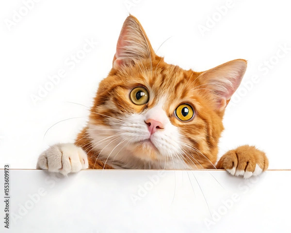 Fototapeta Ginger tabby cat peering over a white surface with curious expression and paws visible on the edge