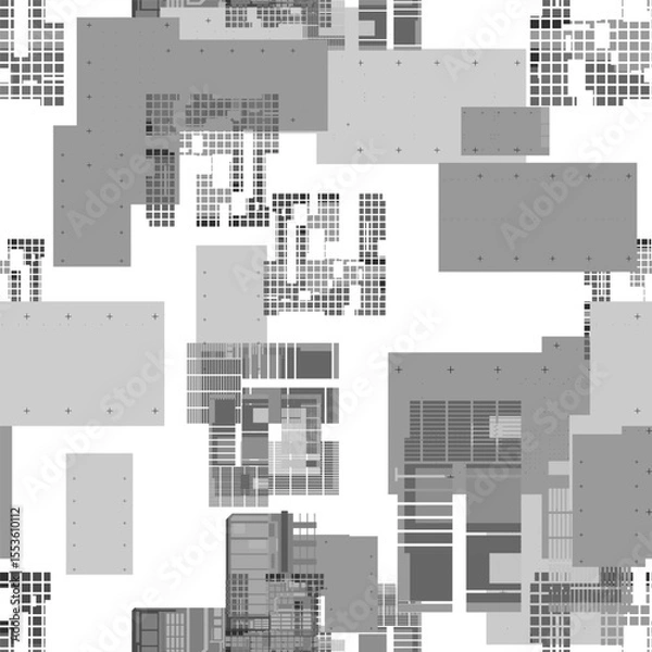 Obraz Geometric minimalism. Composition of rectangles, lines and dots, executed in a monochrome palette. Contrasting shades of gray, white and black give the work a modern and technological look