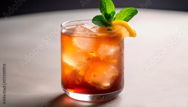 Obraz realistic illustration of a cocktail in a glass with ice. The drink has a rich color, decorated with a slice of citrus and a sprig of mint.