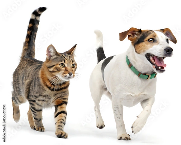 Fototapeta A tabby cat and a jack russell terrier dog running side by side on a white seamless background studio shot