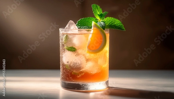 Obraz photo of a cocktail in a glass with ice. The drink has a rich color, decorated with a slice of citrus and a sprig of mint.