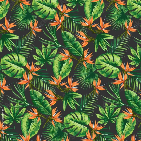 Obraz Tropical plants in a pattern.Vector seamless pattern with tropical vegetation on a gray background.