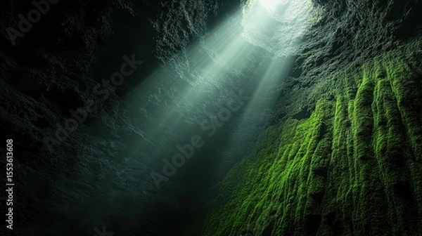Fototapeta Sunlight streaming through a cave, illuminating moss-covered walls.