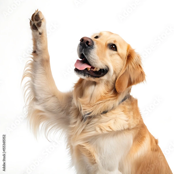 Fototapeta Golden retriever raising its paw in a white background studio shot looking upwards with its tongue out