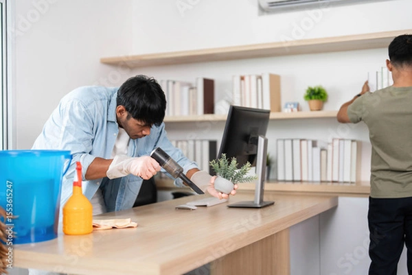 Obraz Office Cleaning Team. Two young men collaborating to maintain a clean workspace.