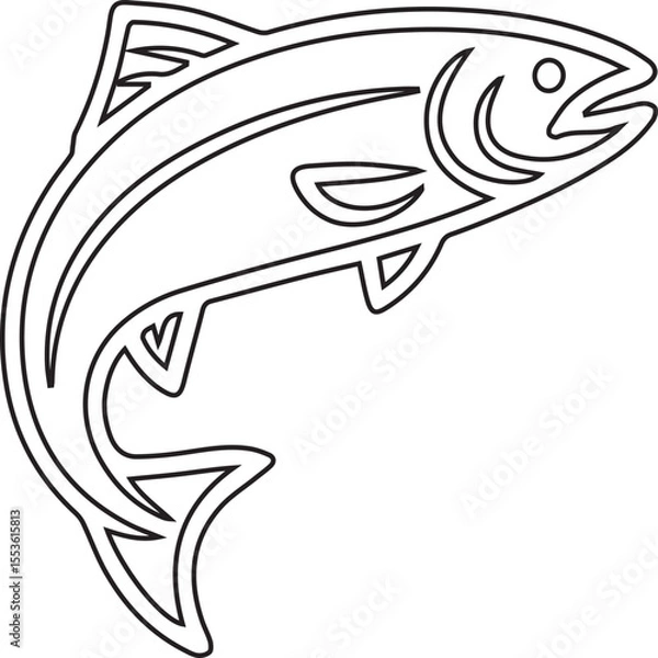 Fototapeta A striking outlined salmon leaping upwards, ideal for seafood branding or fishing themed designs, available as a scalable graphic for logos and icons with a nautical touch.