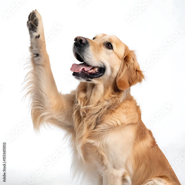 Fototapeta A golden retriever dog raising its paw with its tongue out against a white background in studio shot