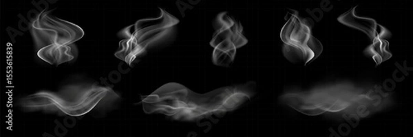 Fototapeta Set of steam or abstract white smog. Isolated on a black background. Wavy steam, fog, haze, gas, hot drinks, food. Vector