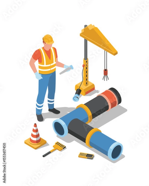 Fototapeta Isometric Construction Site: Worker, Crane, and Pipeline Elements Illustration